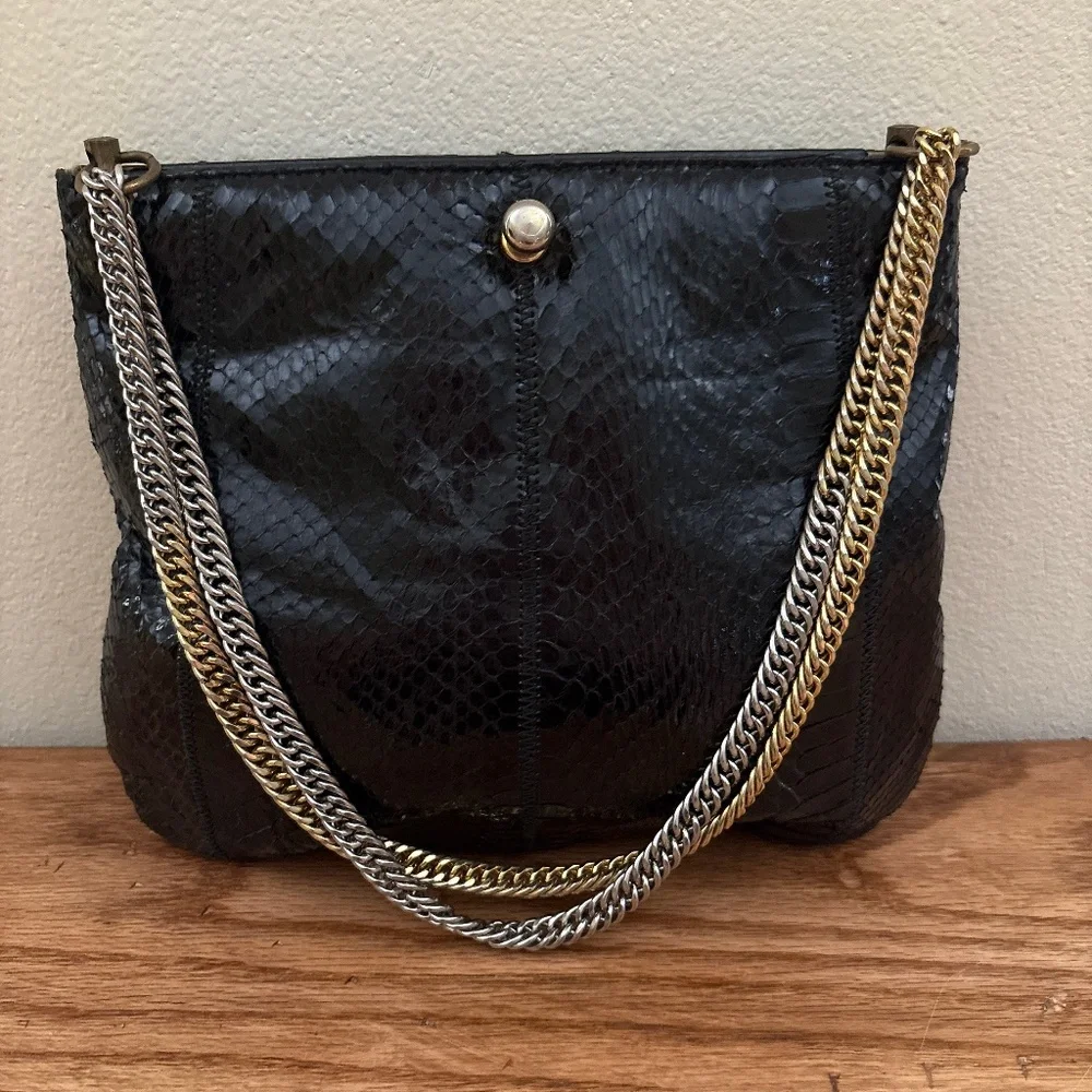 Ruth Saltz Black Snakeskin Shoulder Bag Adjustable Strap Purse Vintage Retro 80s